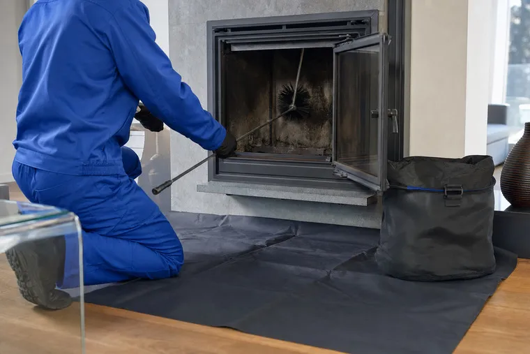 Чистка камина ершом на штанге, пол застелен защитной плёнкой